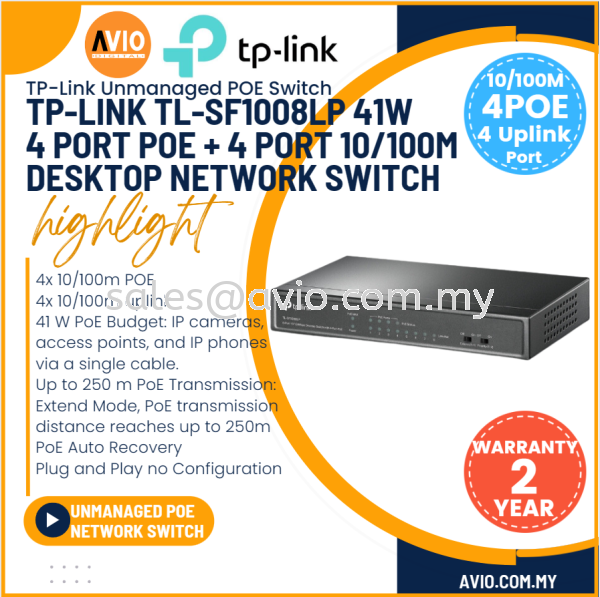 TP-LINK Tplink 4 +4 100M IP Network Desktop POE Switch 4 POE Port 4 Port RJ45 Uplink 41w Power Max SF1008LP TL-SF1008LP POE SWITCH TP-LINK Johor Bahru (JB), Kempas, Johor Jaya Supplier, Suppliers, Supply, Supplies | Avio Digital
