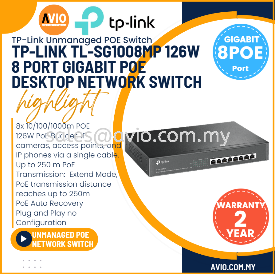 8 x 8 Switch Gigabit Tplink Rackmount Desktop Network POE TP-LINK RJ45 Port 10/ IP