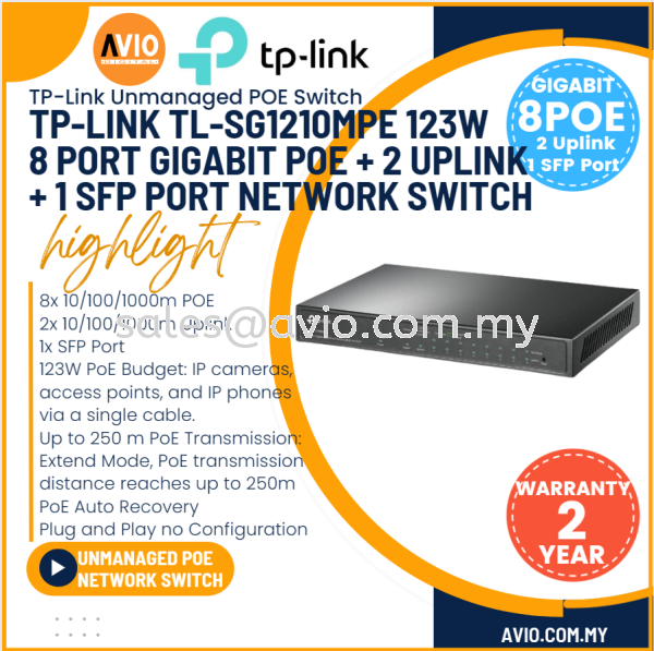 TP-LINK Tplink 8 Port Gigabit IP Network POE Switch 8 Gigabit POE 2x 100/1000m Uplink 1 SFP 123W SG1210MPE TL-SG1210MPE POE SWITCH TP-LINK Johor Bahru (JB), Kempas, Johor Jaya Supplier, Suppliers, Supply, Supplies | Avio Digital
