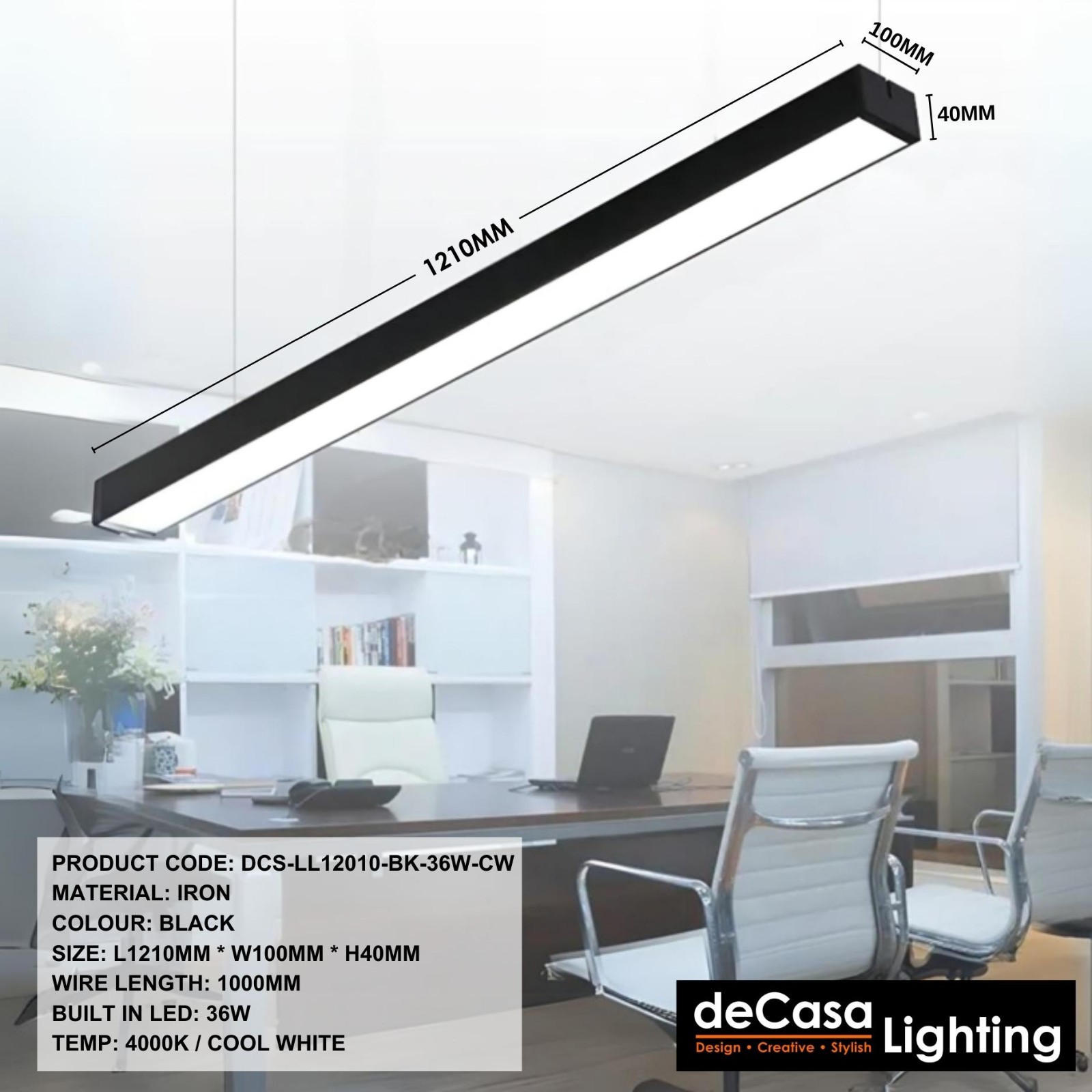 OFFICE LED LINEAR PENDANT LIGHT (DCS-LL12010-BK)