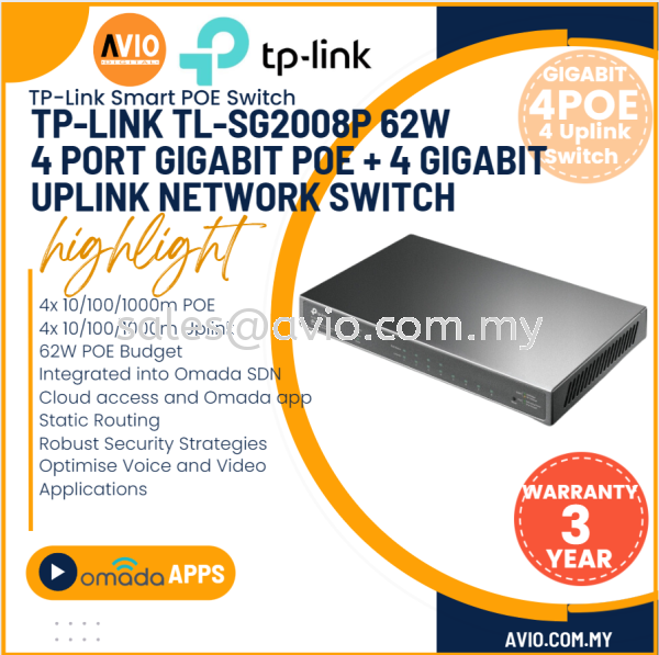 TP-LINK Tplink 4 POE + 4 RJ45 LAN Gigabit IP Network POE Switch 4x 10/100/1000m POE 4x Uplink 62W SG2008P SG2008P POE SWITCH TP-LINK Johor Bahru (JB), Kempas, Johor Jaya Supplier, Suppliers, Supply, Supplies | Avio Digital