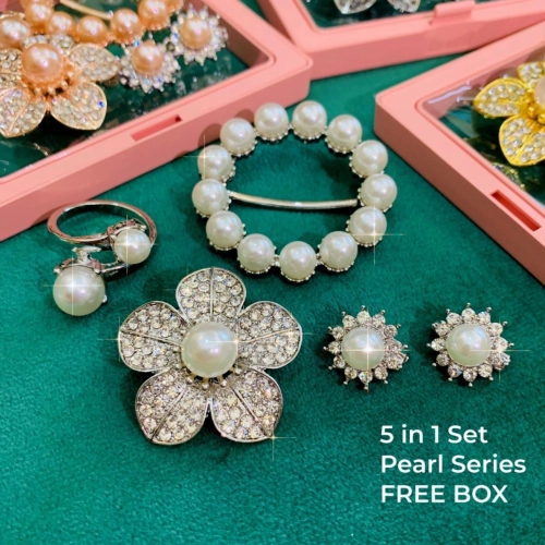 Elegant Brooch 5 in 1 Set Pearl Series Brooches FREE BOX Kerongsang Set Mutiara Pin Tudung dan Cincin Tudung