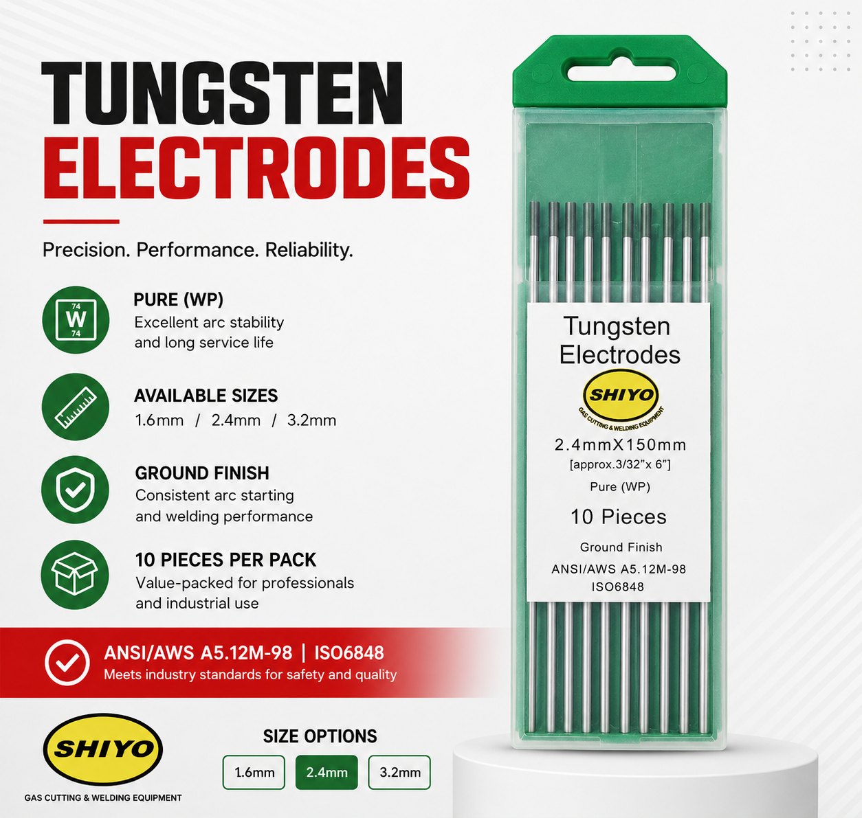 SHIYO Premium Pure Tungsten Electrodes — Pure (WP Green Tip) | 1.6mm/2.4mm/3.2mm × 150mm