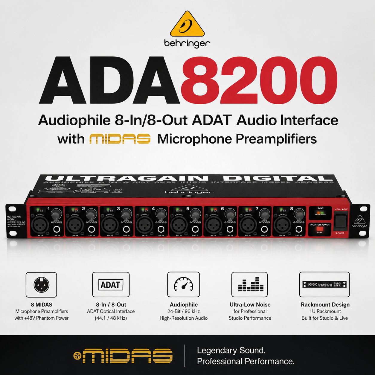 Behringer ADA8200 – Antara Muka Audio ADAT 8-Masuk/8-Keluar Audiophile dengan Preamplifier Mikrofon MIDAS