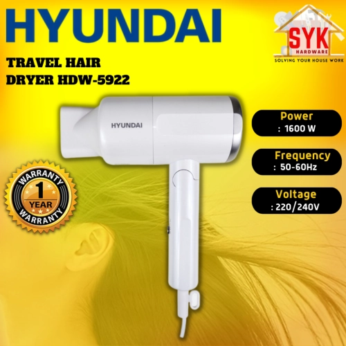 SYK Hyundai HDW-5922 Travel Hair Dryer Foldable Handle Hair Dryer Fast Drying Strong Wind Pengering Rambut