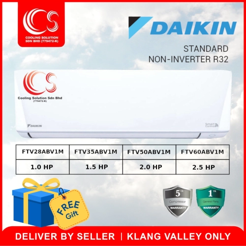 Daikin 1.0 HP/1.5 HP/2.0 HP/2.5 HP Standard Non- Inverter Air Conditioner FTV28AB / FTV35AB / FTV50AB / FTV60AB /  RV28ABV1M/35ABV1M/50ABV1M/60ABV1M + R32 Refrigerant Deliver by Seller (Klang Valley area only)