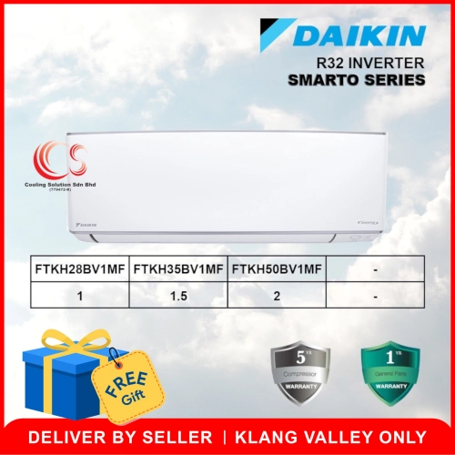 Daikin 1.0HP/1.5HP/2.0HP SMARTO Wall Mounted Inverter R32 Air Conditioner / Air Cond FTKH28B / FTKH35B / FTKH50B /RKU28BV1M/35BV1M/50BV1M_FI + Smart Sense + Smart Clean Deliver by Seller (Klang Valley area only)