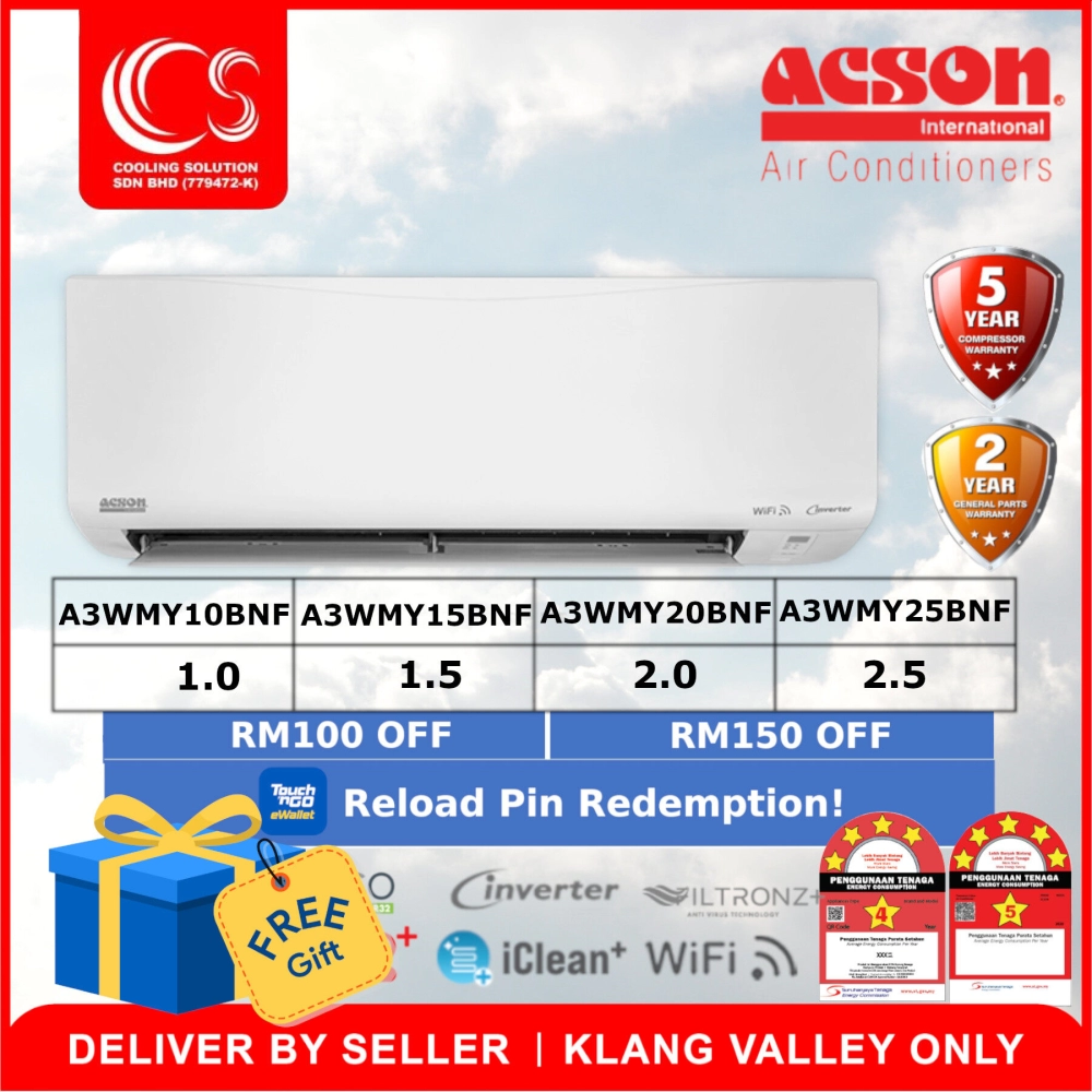Acson R32 Refrigerant Reino+ Inverter Air Conditioner A3WMY10BNF 1.0HP A3WMY15BNF 1.5HP A3WMY20BNF 2.0HP A3WMY25BNF 2.5HP + My ECO Deliver by Seller (Klang Valley area only)