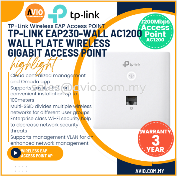 TP-LINK Tplink Omada AC1200 Wireless MU MIMO Gigabit Wall Plate Access Point Dual Band Wifi 11mm Thin EAP230-WALL EAP ACCESS POINT TP-LINK Johor Bahru (JB), Kempas, Johor Jaya Supplier, Suppliers, Supply, Supplies | Avio Digital