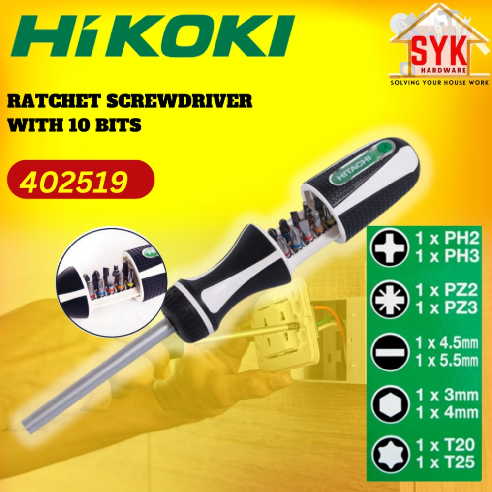 SYK Hikoki 402519 Ratchet Screwdriver 10 Driver Strong Drill Bits Set Hand Tools Soft Grip Screwdriver