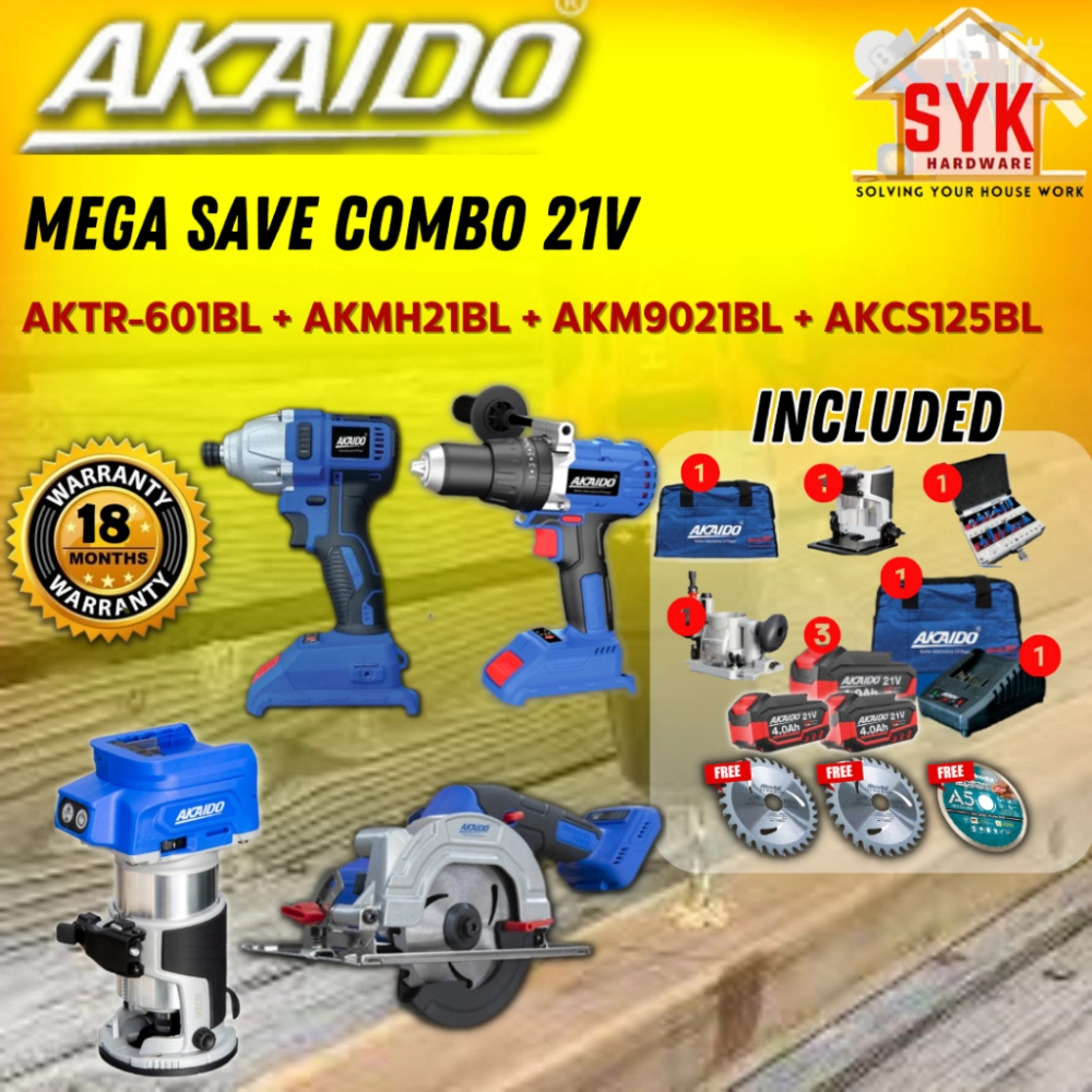 SYK Akaido AKTR-601BL AKMH21BL AKM9021BL AKCS125BL Combo Set Cordless Drill Trimmer Impact Wrench Circular Saw Machine