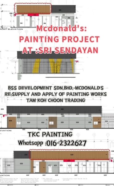 #Mcdonald 's -Painting Projects at Sri Sendayan   #Mcdonald's
PAINTING PROJECT  
AT :SRI SENDAYAN 
TKC PAINTING
BSS DEVELOPMENT SDN.BHD
MCDONALD'S
We SUPPLY AND APPLY OF PAINTING WORKS TKC PAINTING /SITE PAINTING PROJECTS Negeri Sembilan, Port Dickson, Malaysia Service | TKC Painting Seremban Negeri Sembilan