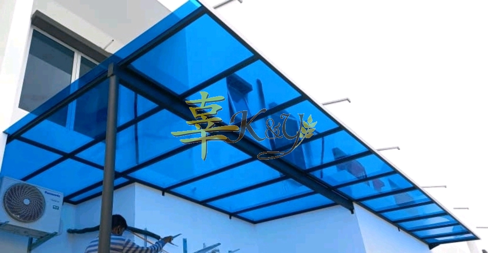 Mild Steel Polycarbonate Blue Color (Clear Plane Serials 3mm) Skylight Awning - Frame Ms 1 1/2x1 1/2(1.2) Hollow , Bean 2x4(1.6) Hollow, Pillar 2 Inchi Round Hollow 