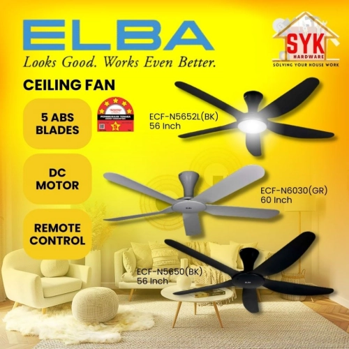 SYK Elba Ceiling Fan With Light DC Motor ECF-N5650 N6030 N5652L 5 Blade 60 Inch Kipas Siling Lampu Remote Kipas Syiling