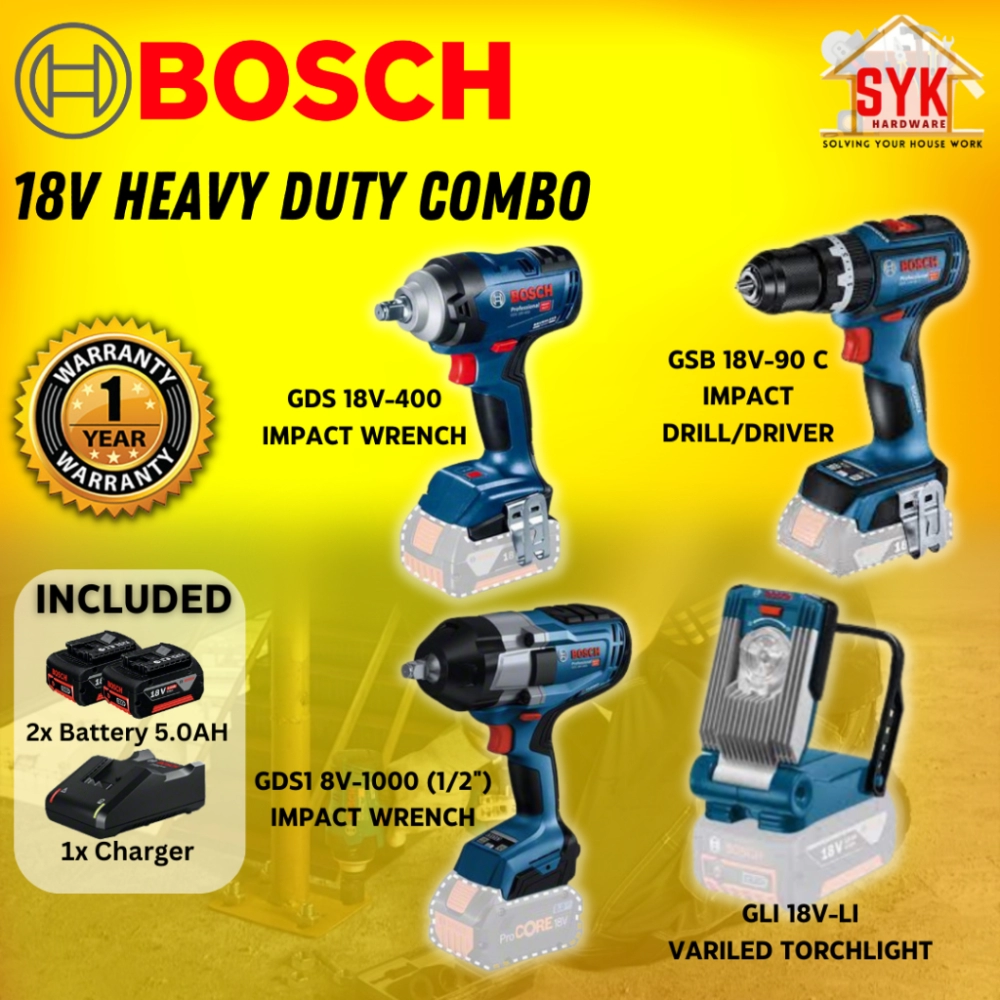 SYK Bosch GDS 18V-400 GSB 18V-90 C GDS 18V-1000 GLI 18V-LI Combo Pack Cordless Drill Impact Wrench Torchlight 18V