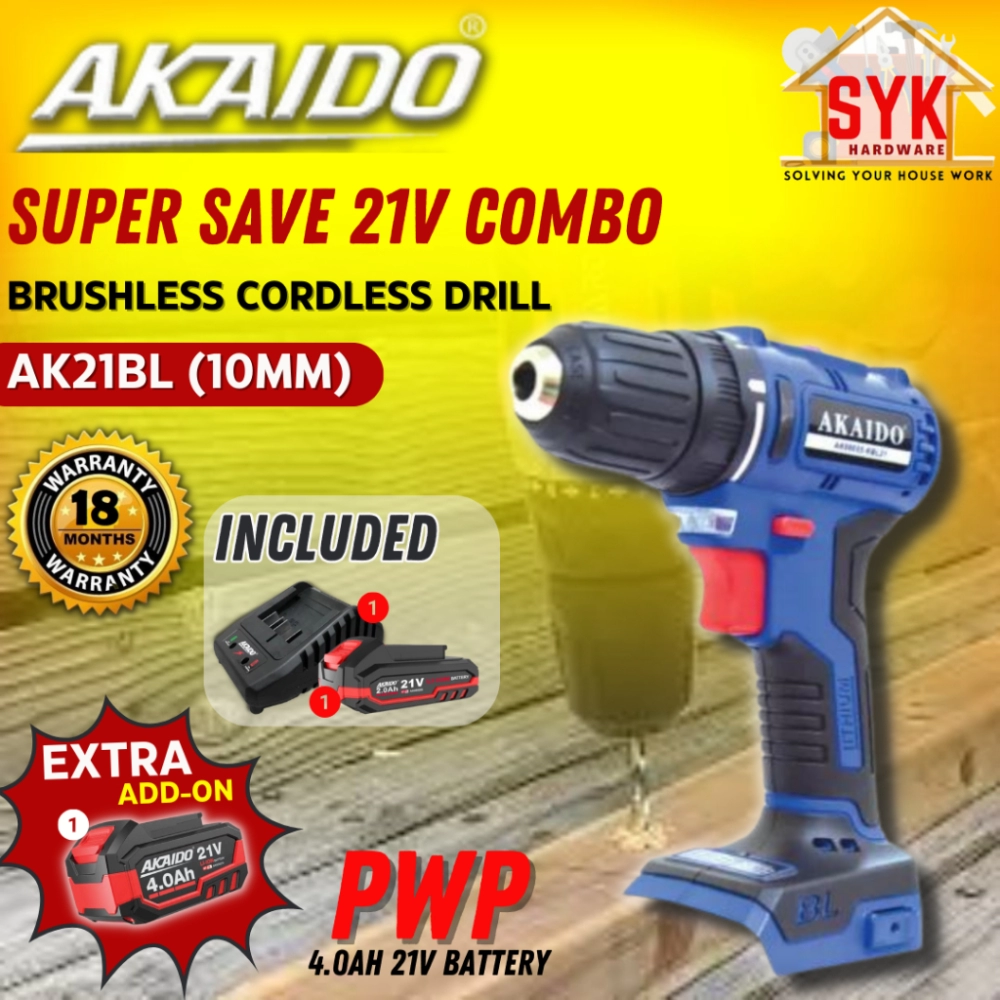 SYK Akaido AK21BL 10mm Brushless Cordless Drill Combo Set Battery Machine Power Tools Mesin Drill Bateri