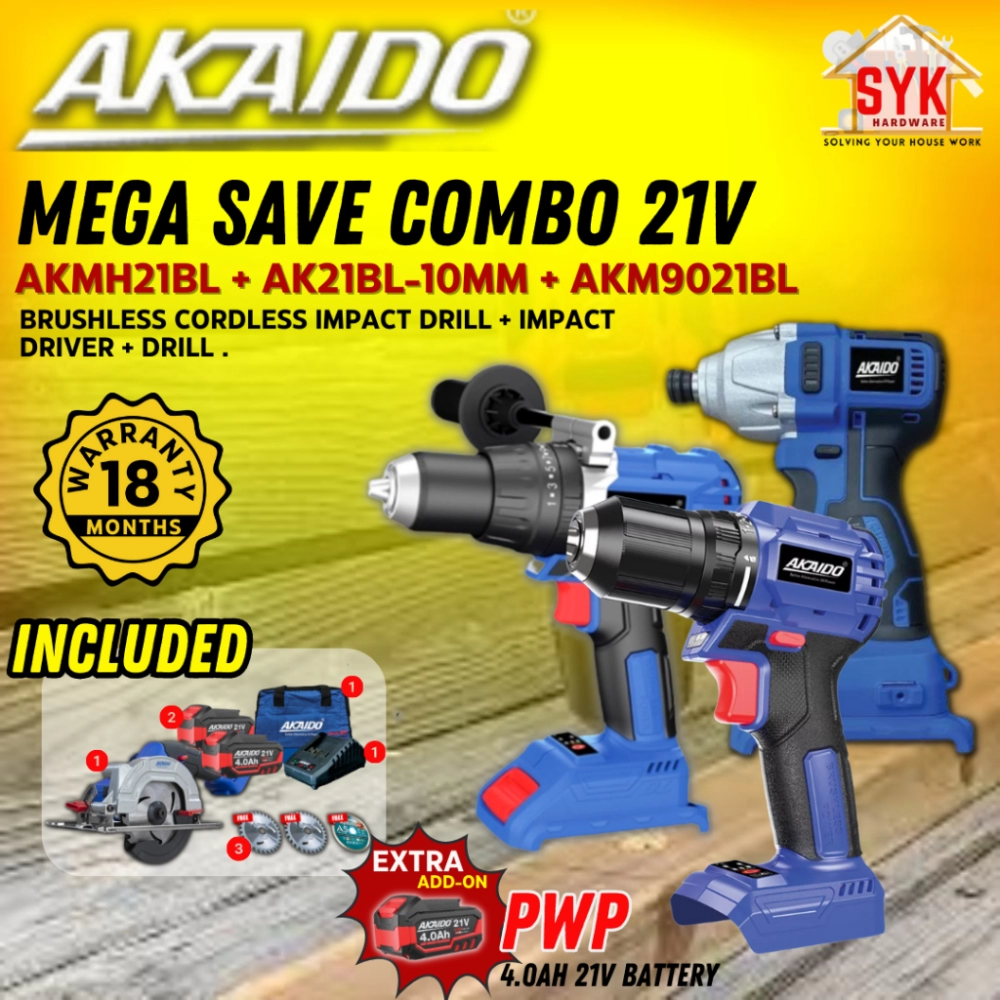 SYK AKAIDO AKMH21BL AKM9021BL AK21BL-10MM 21V Mega Save COMBO Brushless Cordless Impact Drill Impact Wrench