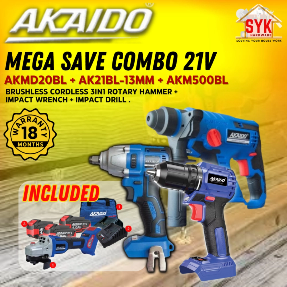 SYK AKAIDO 21V AKMD20BL AK21BL-13MM AKM500BL Mega Save COMBO Brushless Cordless 3 In 1 Rotary Hammer Drill Impact Wrench