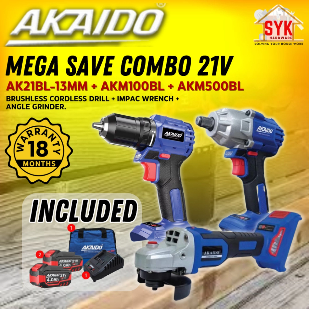 SYK AKAIDO AK21BL-13MM AKM100BL AKM500BL 21V Mega Save COMBO Brushless Cordless Drill Angle Grinder Impact Wrench