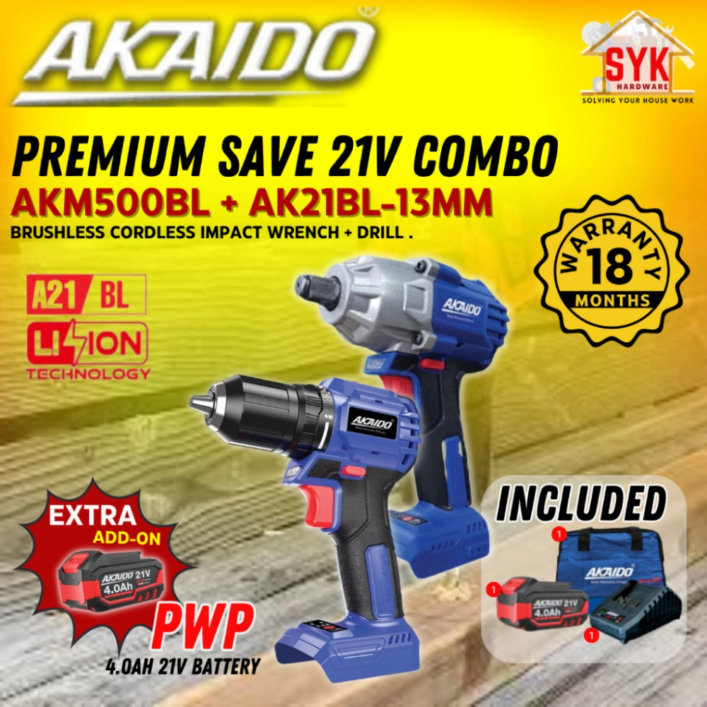 SYK AKAIDO AKM500BL AK21BL 13mm 21V Premium Combo Brushless Cordless Impact Wrench Drill Machine Power Tools