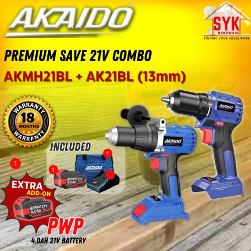 SYK Akaido AKMH21BL  AK21BL 13mm Cordless Brushless Impact Drill Combo Set Battery Machine Mesin Drill