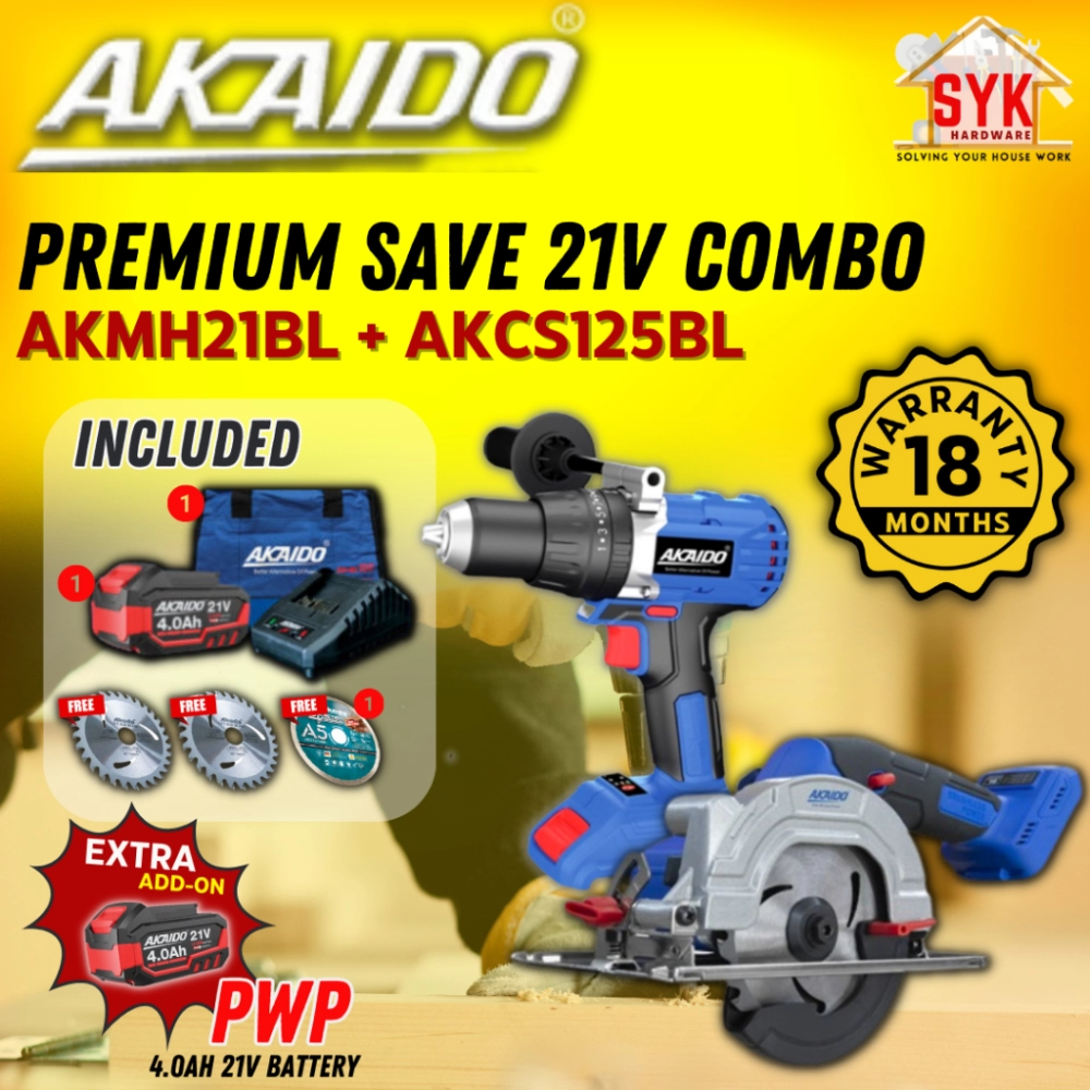 SYK AKAIDO AKMH21BL AKCS125BL 125mm 21V Premium COMBO Brushless Cordless 3 Function Drill Circular Saw Power Tools