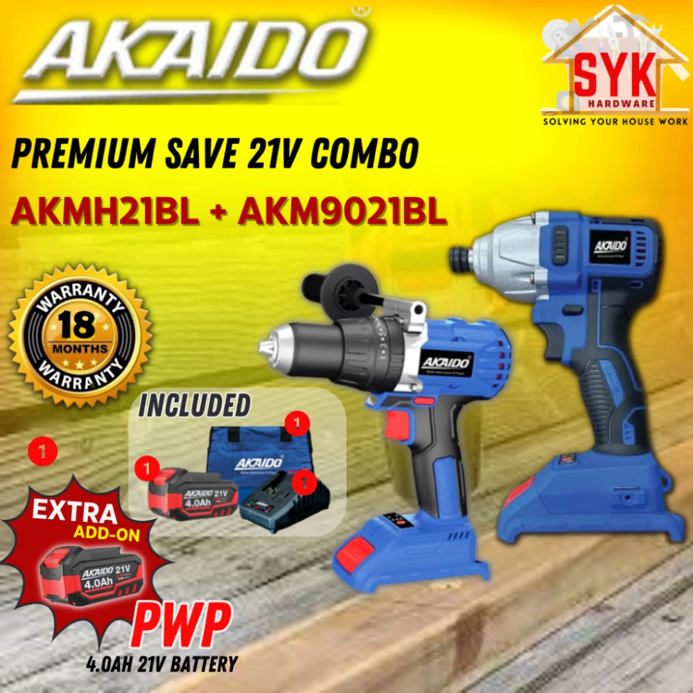 SYK Akaido AKMH21BL AKM9021BL Cordless Brushless Impact Drill Driver Combo Set Battery Mesin Impak Drill