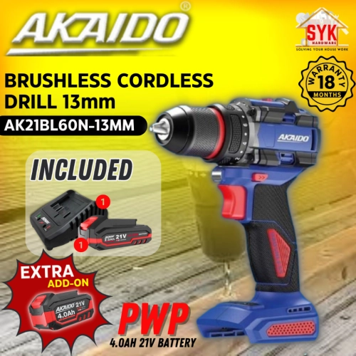 SYK AKAIDO AK21BL60N 13mm 21V COMBO Cordless Brushless Drill Machine Battery Power Tools Mesin Gerudi Bateri