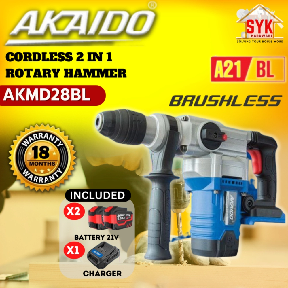 SYK Akaido AKMD28BL Brushless Cordless 2 in 1 Rotary Hammer Battery Concrete Drilling Mesin Bateri Gerudi