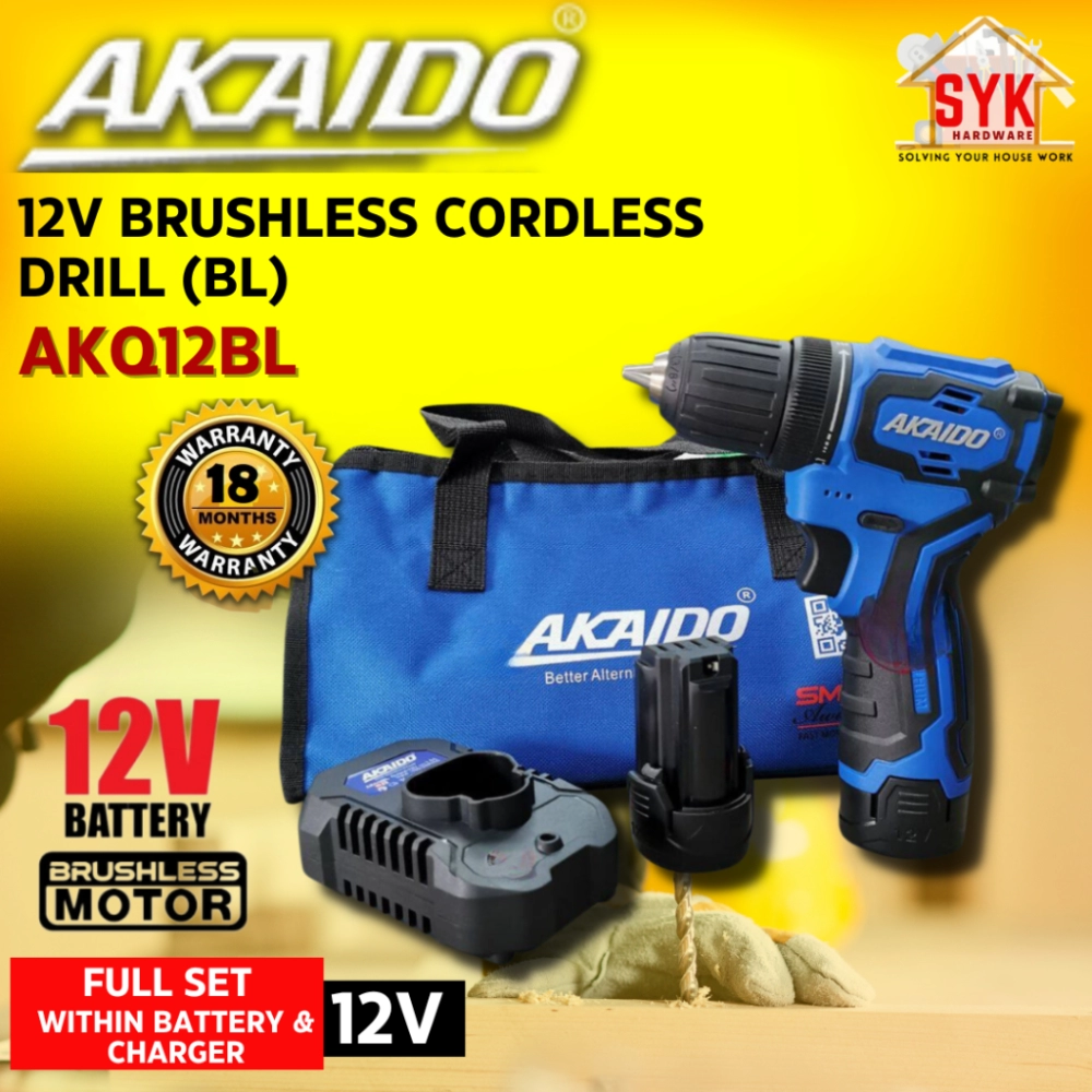 SYK AKAIDO AKQ12BL  12V 10mm Brushless Cordless Drill Battery Drill Machine Wood Metal Power Tools Mesin Gerudi