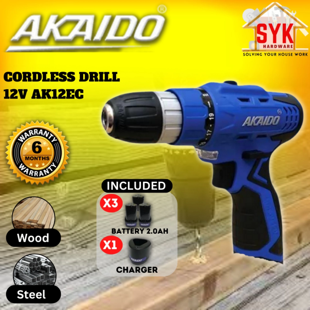 SYK Akaido AK12EC Cordless Drill Battery Power Tools Machine Wood Steel Drilling Mesin Gerudi Bateri