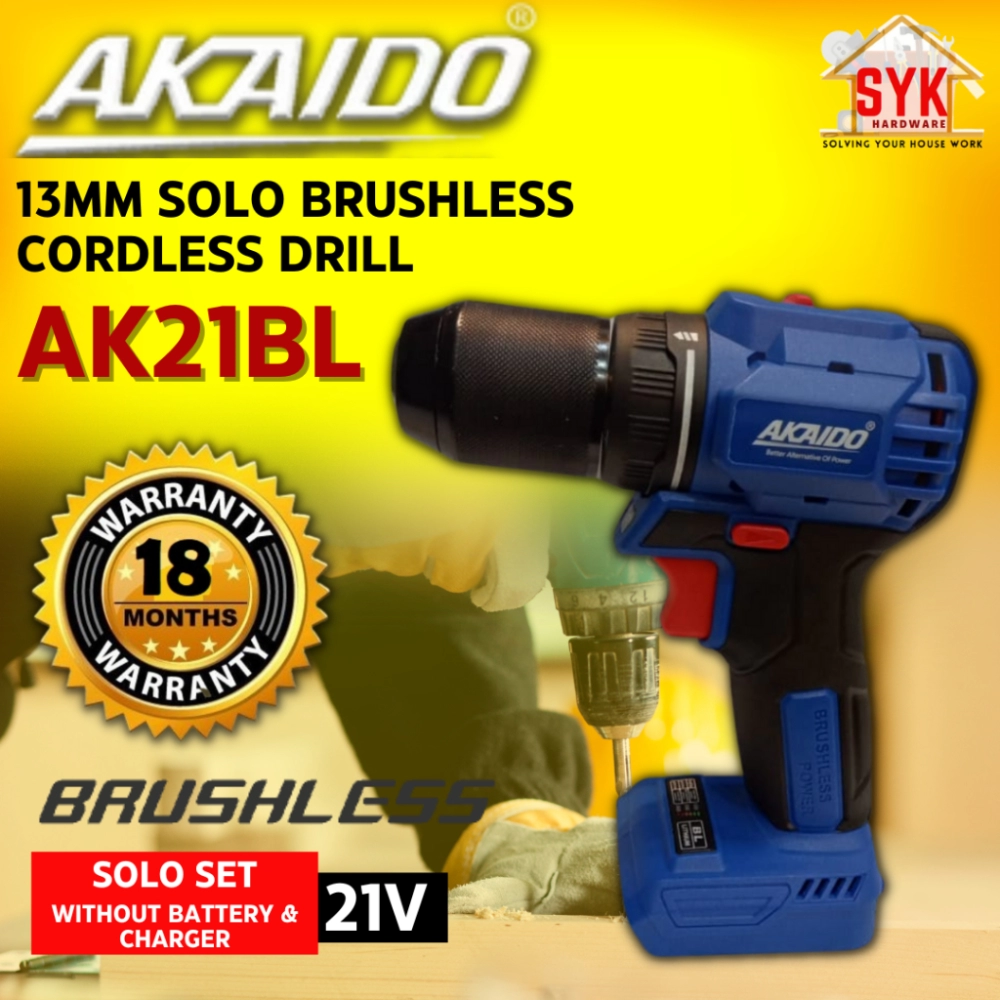 SYK AKAIDO AK21BL 21V-13mm SOLO Brushless Cordless Drill Battery Drill Machine Wood Metal Power Tools Mesin Gerudi