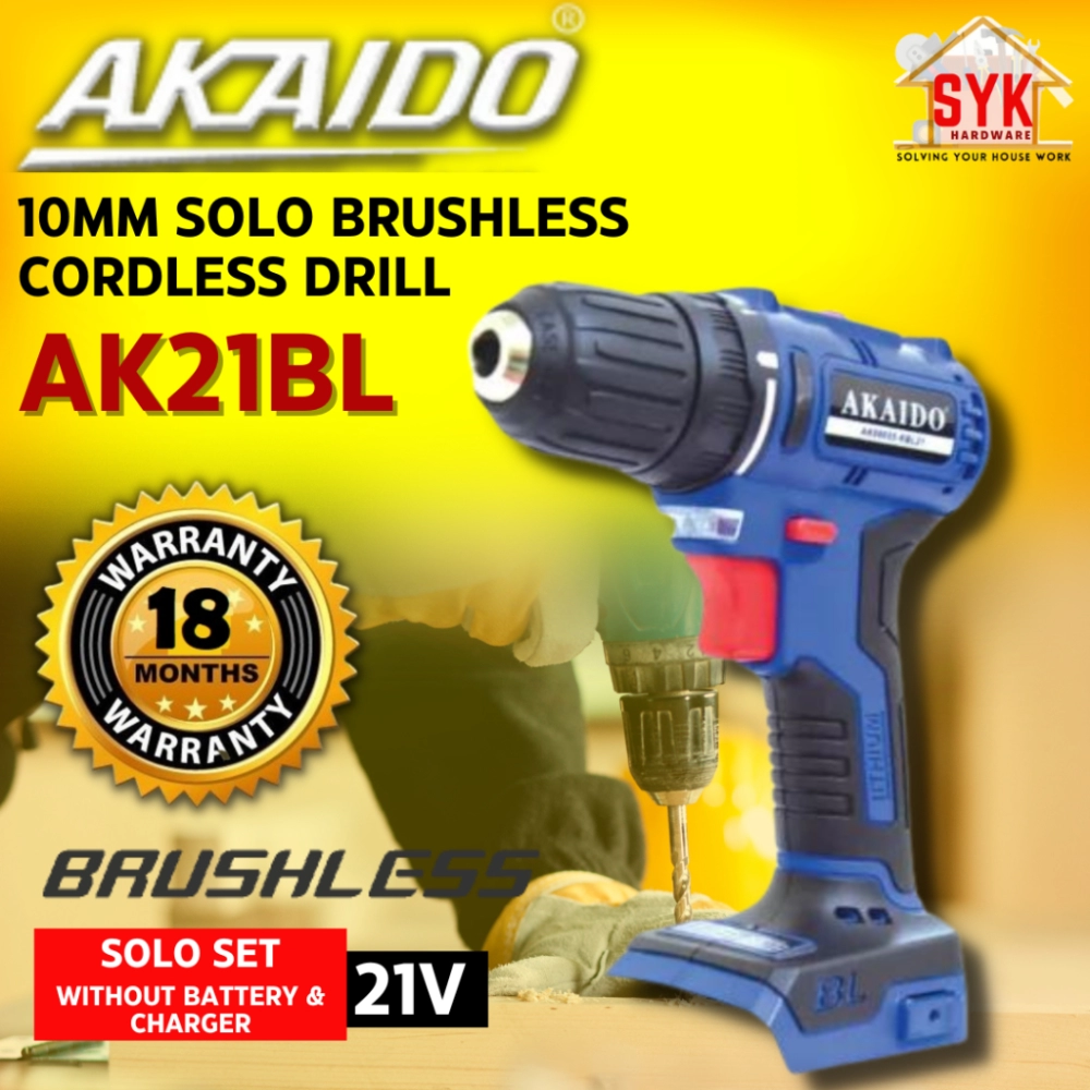 SYK AKAIDO AK21BL 21V 10mm SOLO Brushless Cordless Drill Battery Drill Machine Wood Metal Power Tools Mesin Gerudi