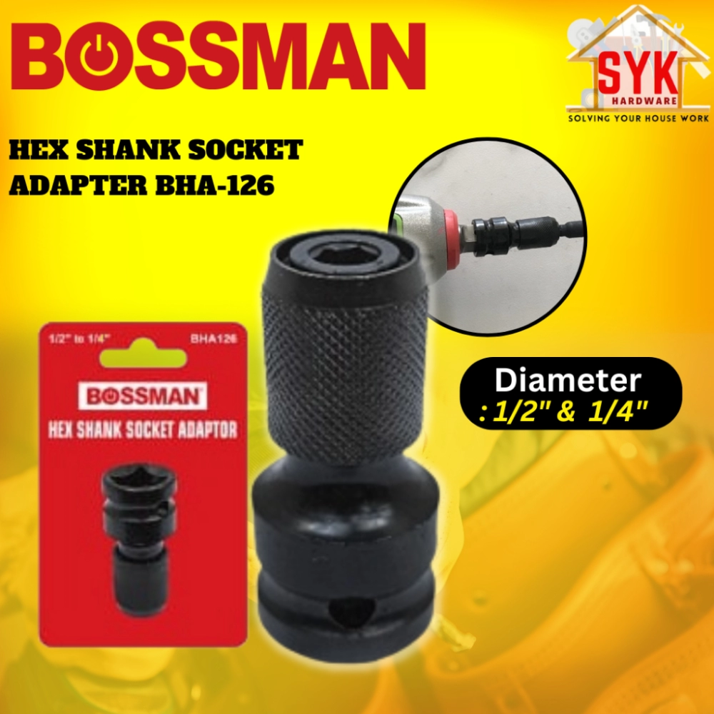 SYK Bossman BHA-126 1/2 1/4 Inch Hex Shank Socket Adaptor Impact Wrench Drill Accessories Mesin Drill Socket