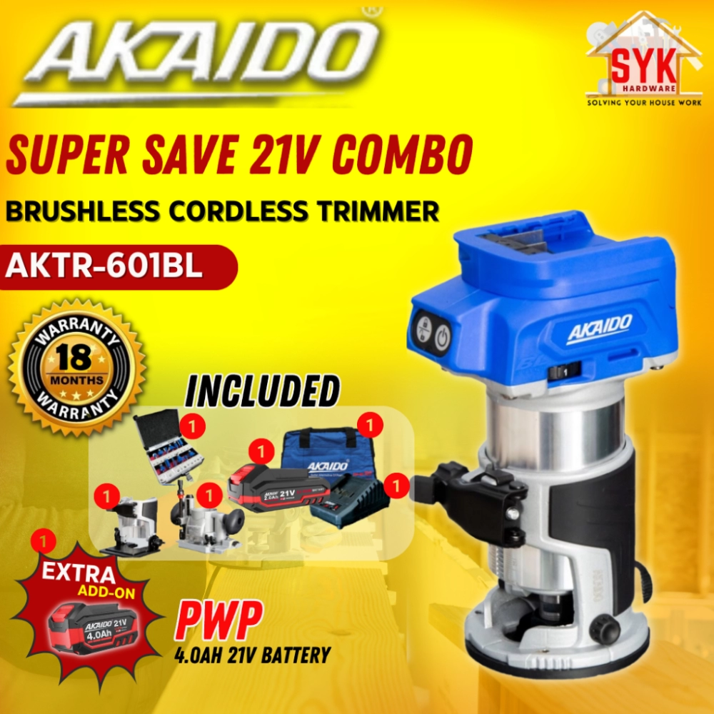 SYK Akaido AKTR-601BL Brushless Cordless Trimmer Combo Set Battery Machine  Power Tools Wood Trimmer Propil Kayu