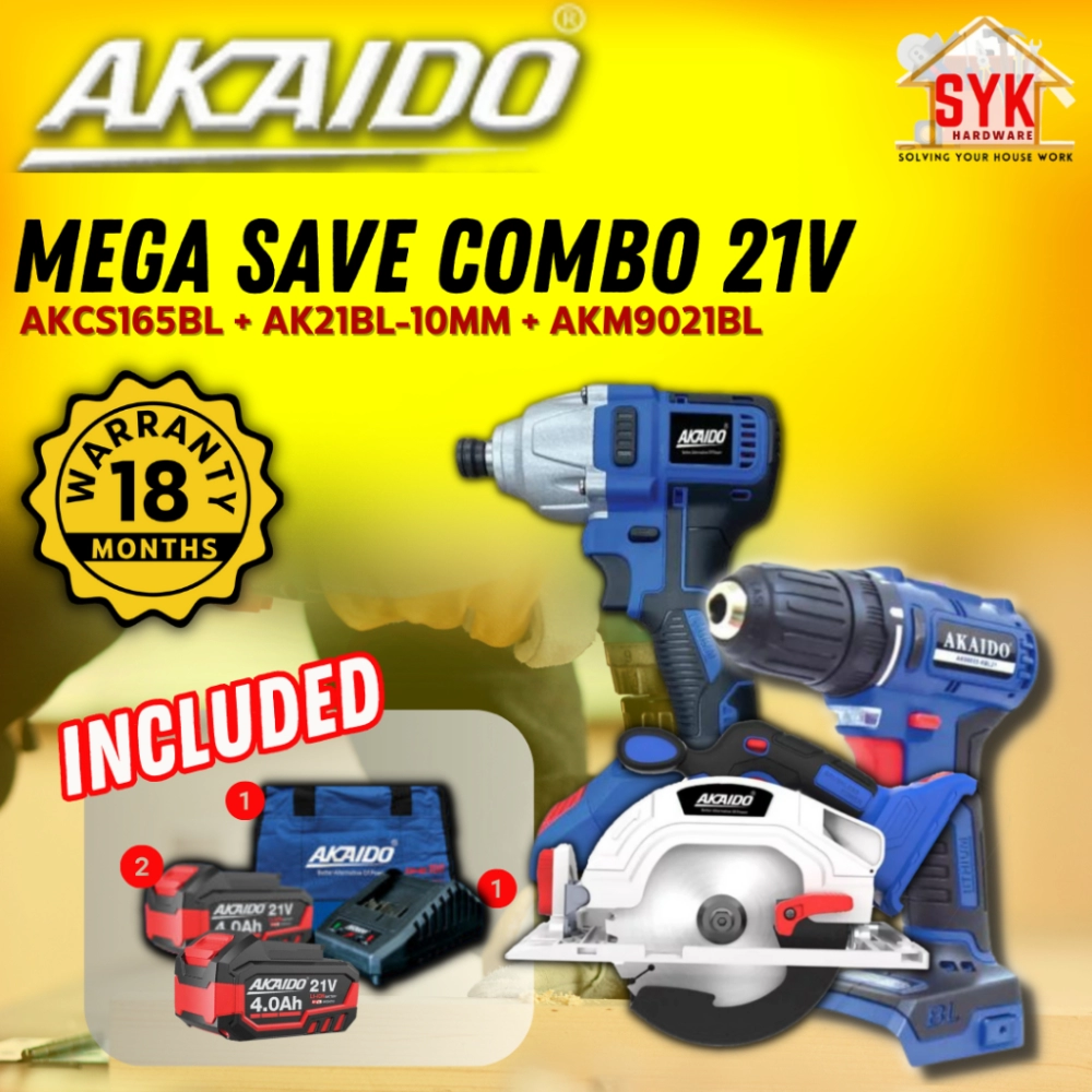 SYK AKAIDO AKCS165BL AK21BL-10MM AKM9021BL 21V MEGA Save Combo Brushless Cordless Impact Drill Driver Circular Saw