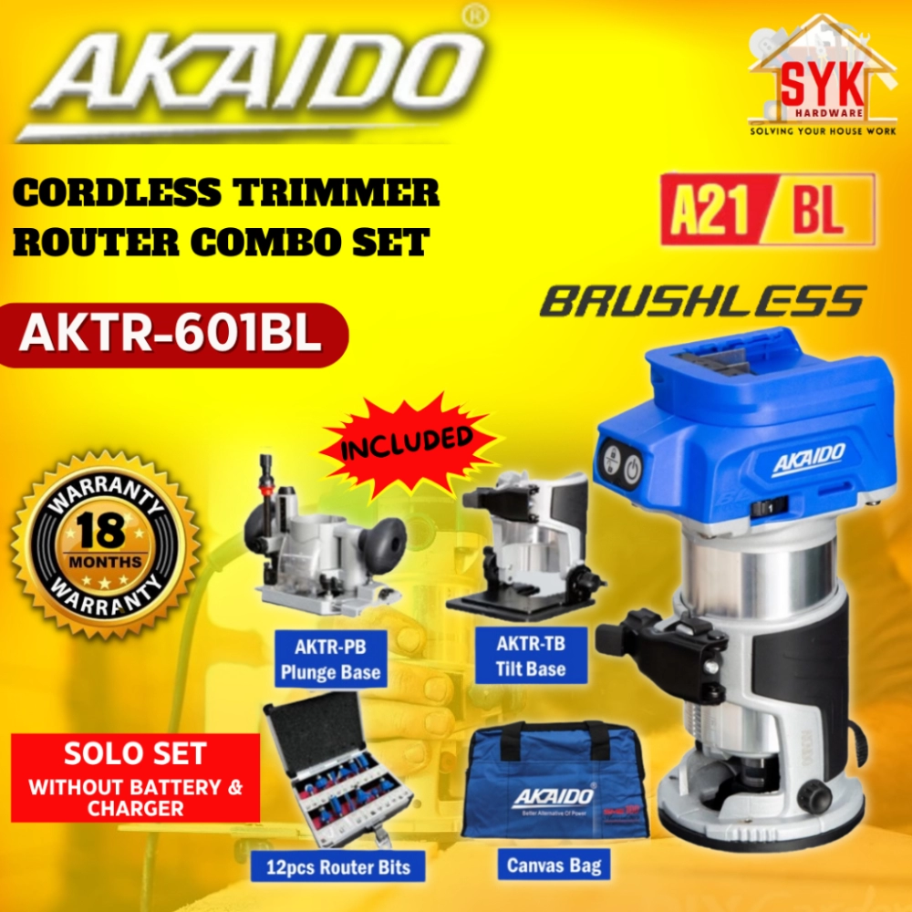 SYK Akaido AKTR-601BL Brushless Cordless Trimmer Combo Set Solo Power Tools Wood Trimmer Propil Kayu