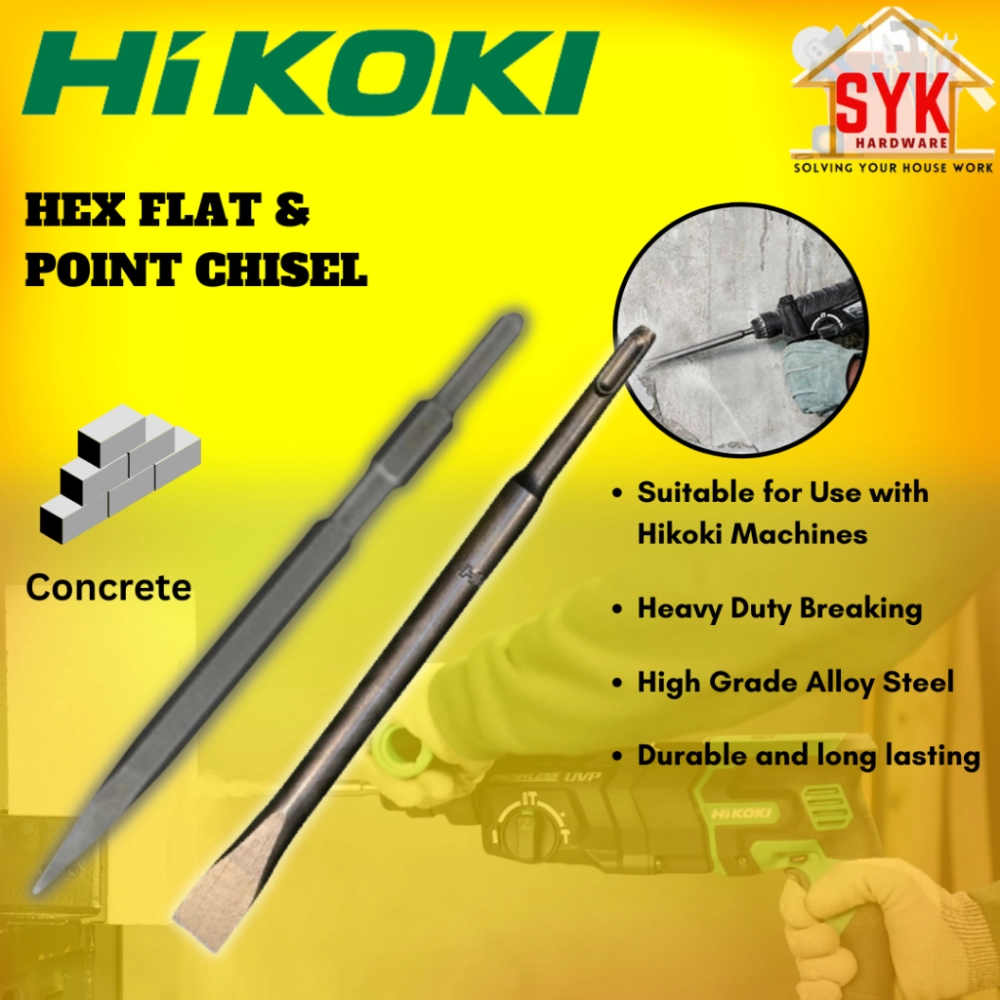 SYK Hikoki Hex17 Bull Point Flat Chisel Hammer Machine Concrete Breaker Chisel Mata Pahat  Konkrit Simen
