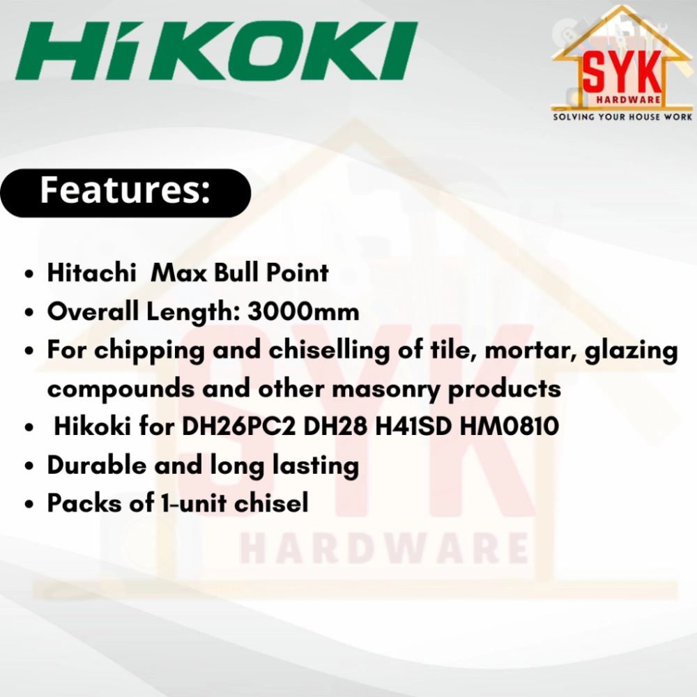 SYK Hikoki 401345 SDS Max Bull Point Chisel 300mm Max Bit Type Concrete ...