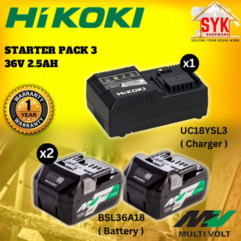 SYK Hikoki UC18YSL3 BSL36A18 Starter Pack 3 Battery Charger Kit 2.5Ah Quick Charger Bateri Cas Semula 36V