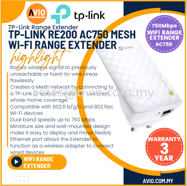 TP-LINK Tplink AC750 Mesh Wi-Fi Wifi Wireless Range Extender 750Mbps Dual Band 1x Ethernet RJ45 LAN Network Port RE200 RANGE EXTENDER TP-LINK Johor Bahru (JB), Kempas, Johor Jaya Supplier, Suppliers, Supply, Supplies | Avio Digital