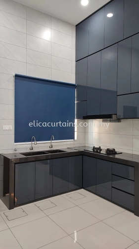 Roller Blind, Kitchen Area, Blue Colour Material, Morden Concept Kitchen Design.