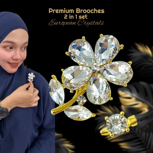 Set 2 in 1 [FREE BOX] Premium Brooch European Crystal Flower Kerongsang Bunga Kristal Mewah Hijab Pin Tudung CY3278