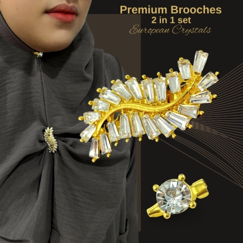 Set 2 in 1 [FREE BOX] Luxury Brooch European Crystals Kerongsang Bahu Kristal Bentuk Daun Mewah Hijab Pin Tudung CY3287