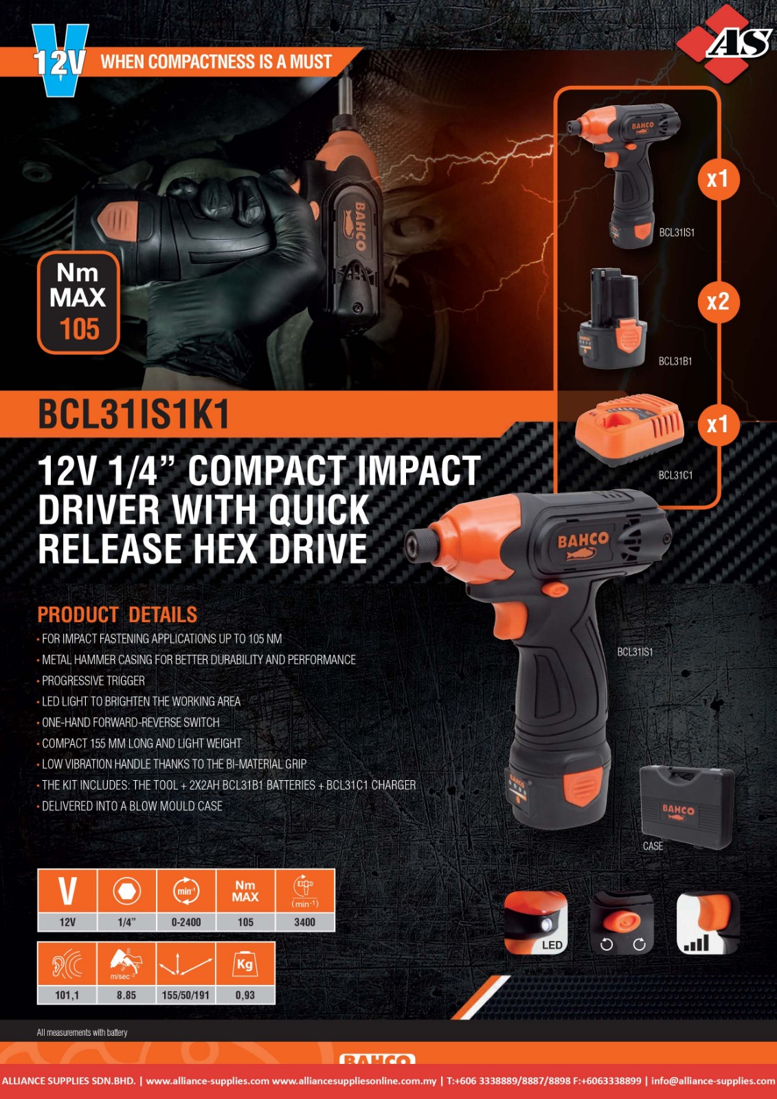 BAHCO 12V 1 4 Compact Impact Driver With Quick Release Hex Drive