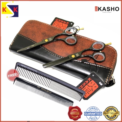JAPAN KASHO MILLENNIUM 440C Black Hairdressing Straight Scissor & Thinning Set – 5.5″ Free Comb