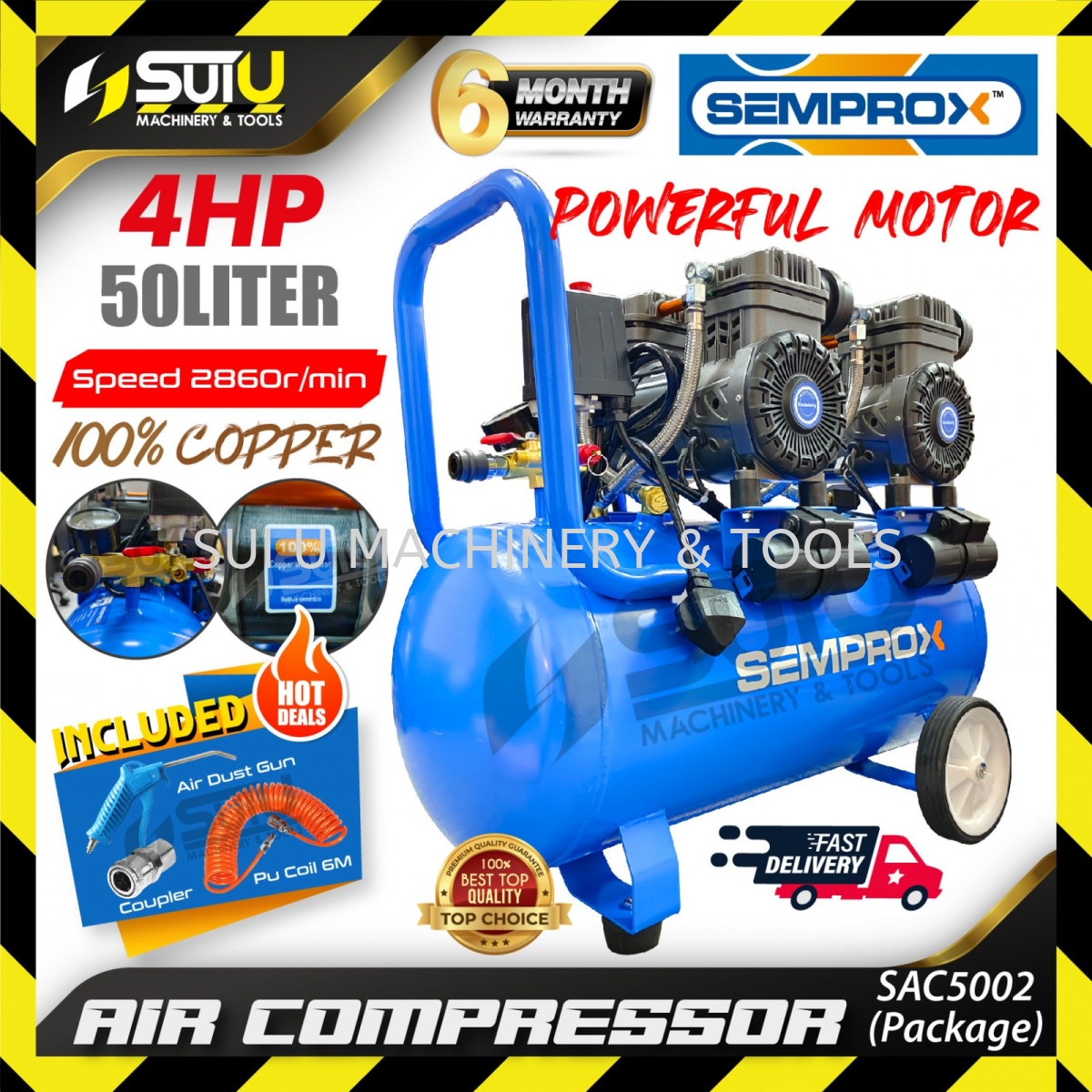 PACKAGE] SEMPROX SAC5002 50L 4HP Oil-Free / Oilless Silent Air Compressor /  Kompressor 1490Wx2 2860RPM 4.0HP
