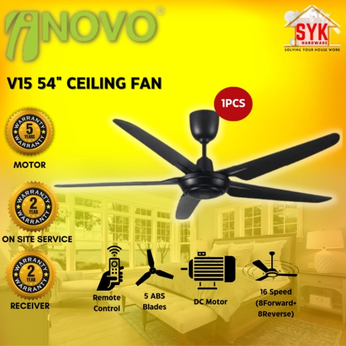 SYK Inovo V15 54 Inch 1Pcs Ceiling Fan Matt Black DC Motor 5 Blade Ceiling Fan Electric Remote Control Kipas