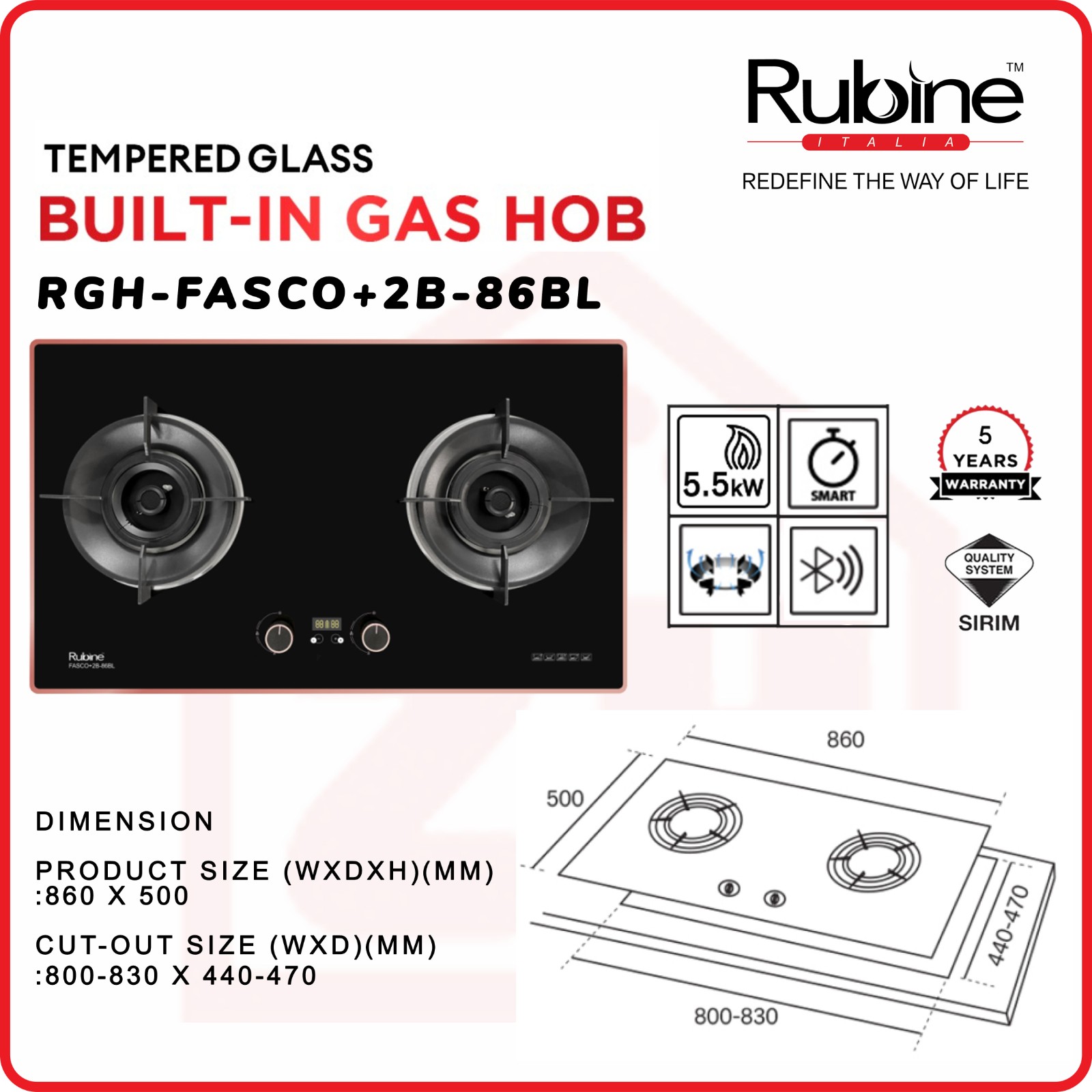 Rubine 2 Burner Gas Hob RGH-FASCO2B+86-BL