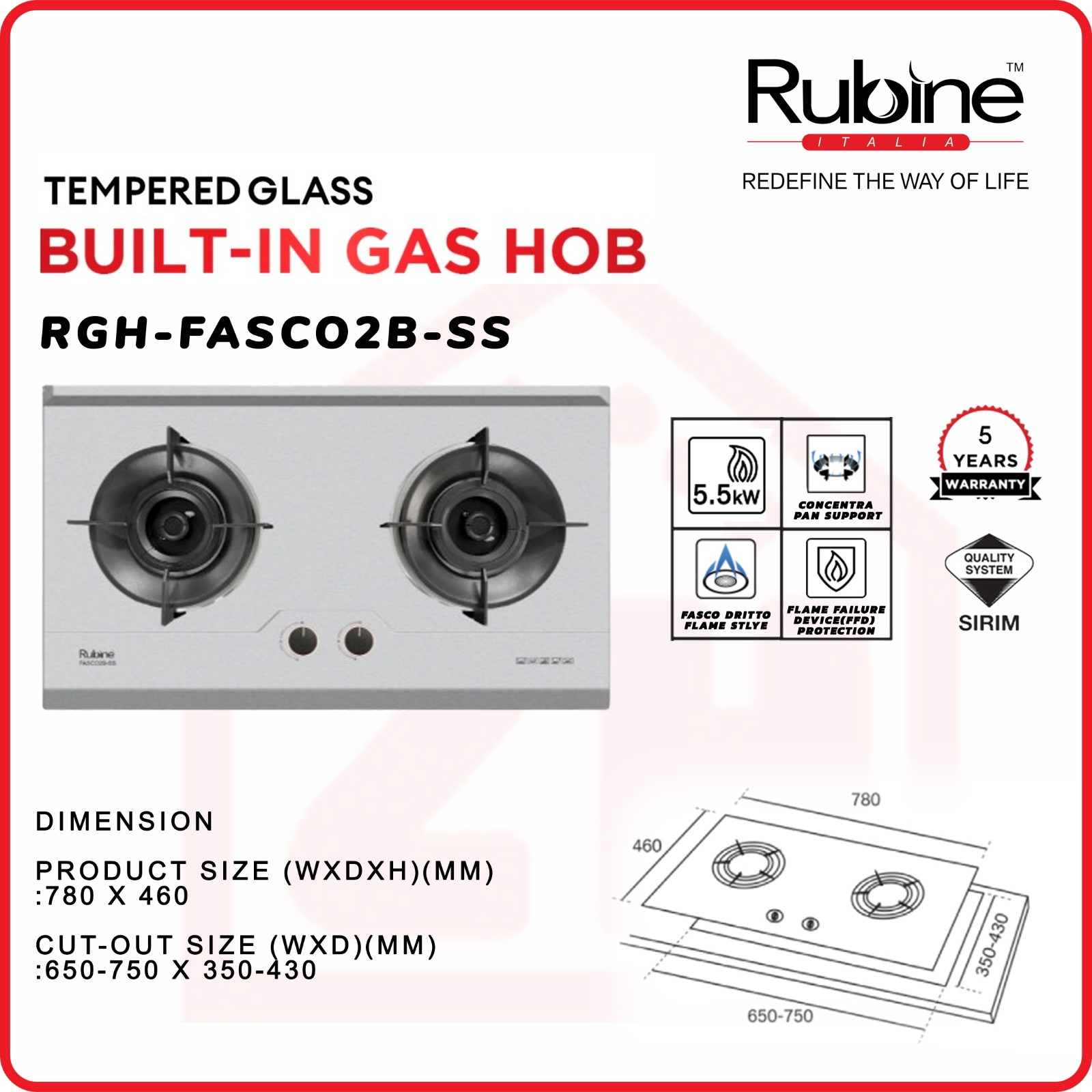 Rubine 2 Burner Gas Hob RGH-FASCO2B-SS